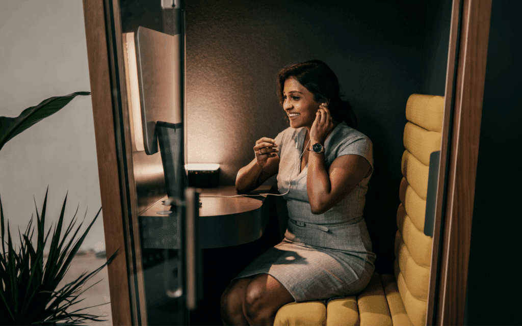 Personal injury attorney in a call booth